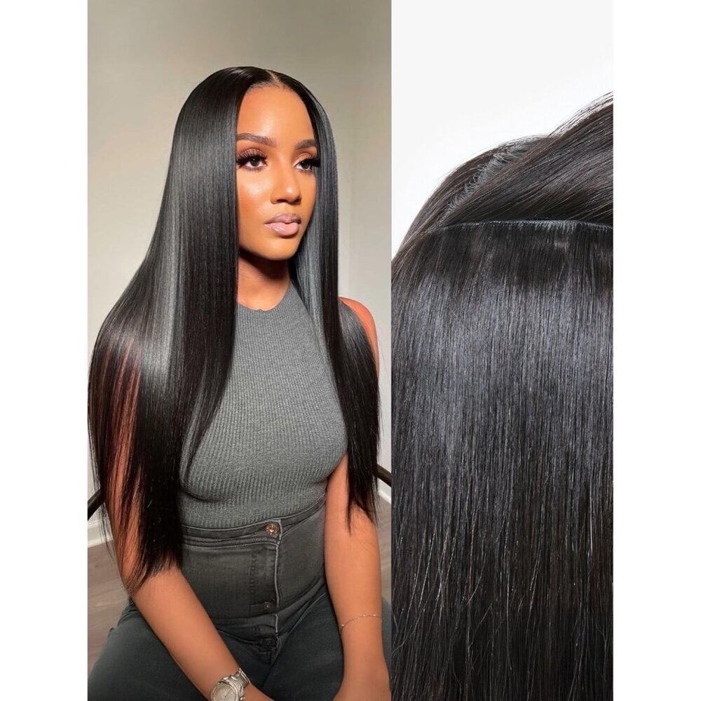 Hair Extensions Silky Straight Human Remy Clip Ins 24 Inch Natural Black